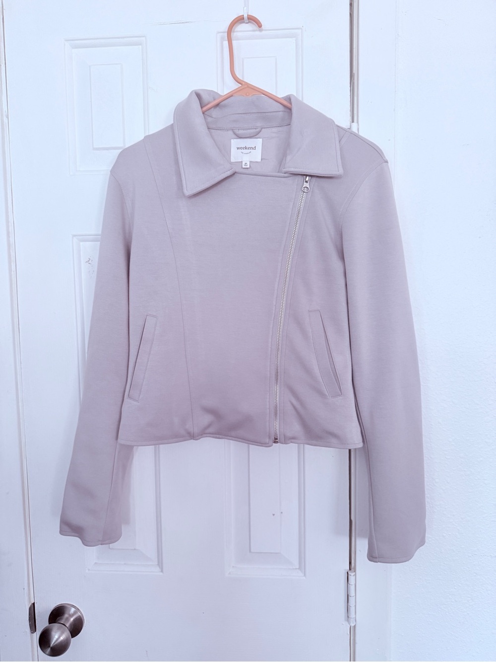 Weekend Light Gray Asymmetrical Zip Varsity Jacket